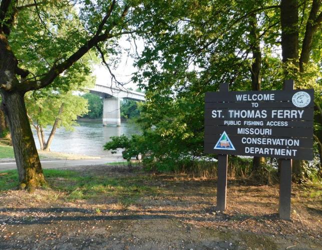 St. Thomas Ferry Access showing sign, with boat ramp, Osage River, and Route B bridge in background